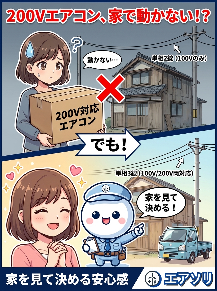 量販店で200V対応エアコンを勧められたが、家の引き込みが対応しておらず動かない｜福岡で多いご相談｜エアソリ