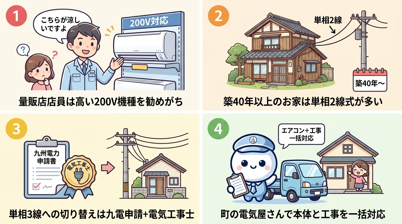 この記事の結論：① 量販店店員は高い200V機種を勧めがち、現場を見ないと家で動くか判断できない ② 築40年以上のお家は単相2線式（電線2本）で200Vが取れないことが多い ③ 単相2線→3線への切り替えは九州電力への申請＋電気工事士が必要 ④ エアコン本体と工事を町の電気屋さんで一括対応するのが安心