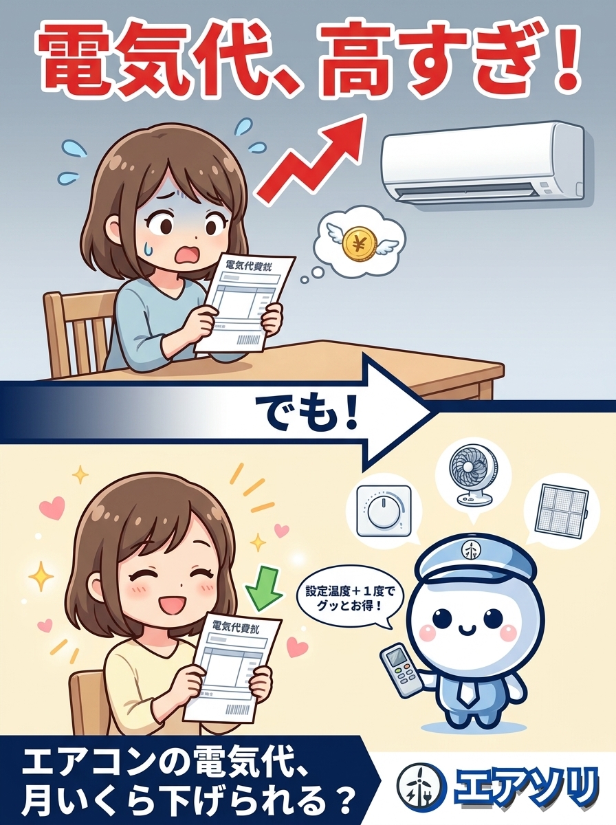九州電力の値上げで上がるエアコンの電気代に驚いている場面｜設定温度・自動運転・フィルター掃除で月500〜1,000円下げる節電と買い替え判断を福岡の電気工事士が解説｜エアソリ