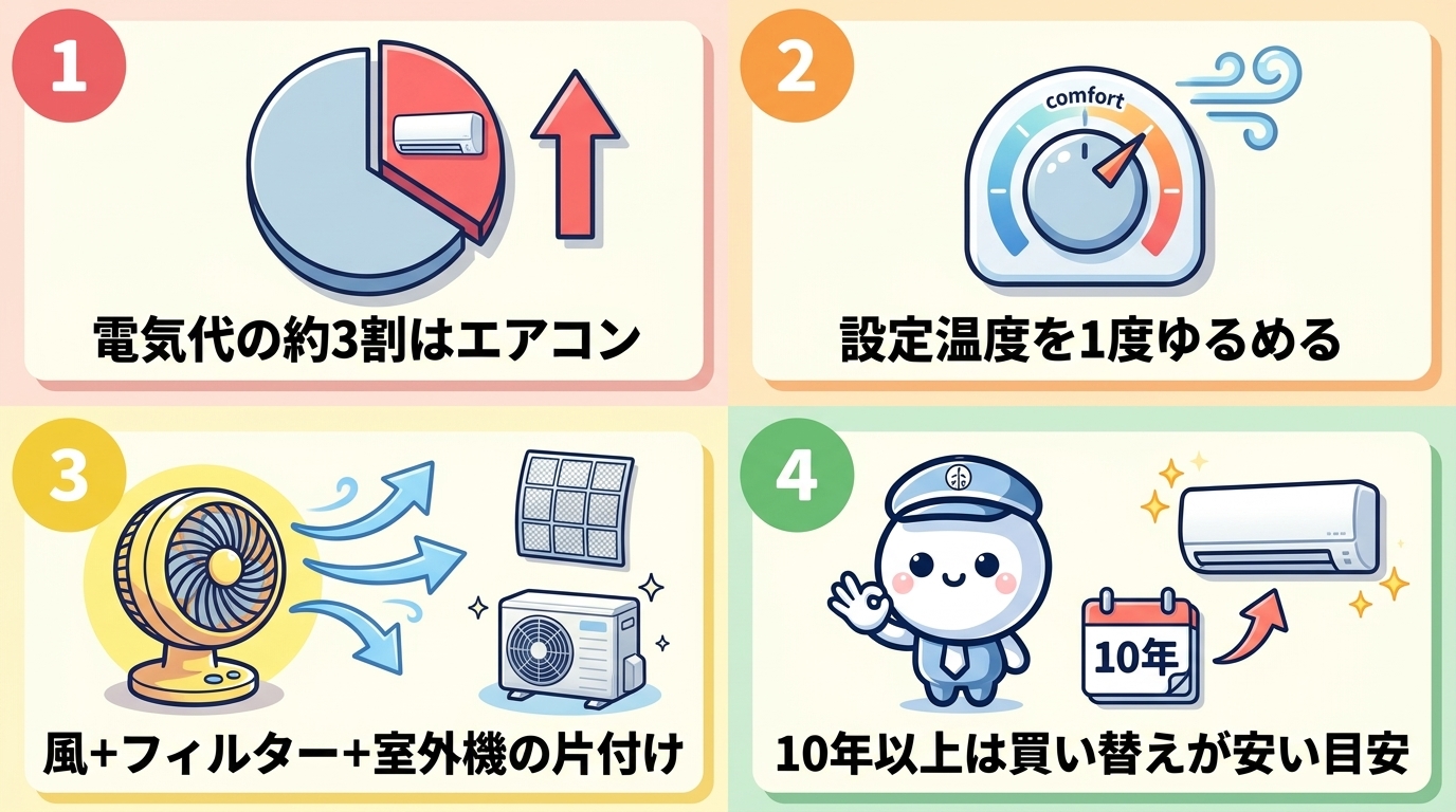 この記事の結論：① 九州電力の値上げでエアコンが占める電気代は家計の約3割（夏冬ピークで4割） ② 設定温度1度・自動運転・フィルター月1回で月500〜1,000円ほど下がる ③ 室外機の前を空け、サーキュレーター併用で体感1〜2度違う ④ 10年以上前の機種は節電に限界。買い替えで年2〜3万円下がるケースが多い