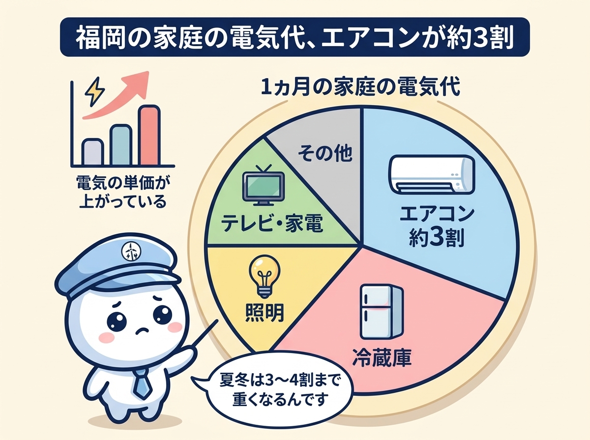 福岡の家庭の電気代内訳イメージ｜九州電力の値上げでエアコンが占める割合が約3割に重くなっている解説図
