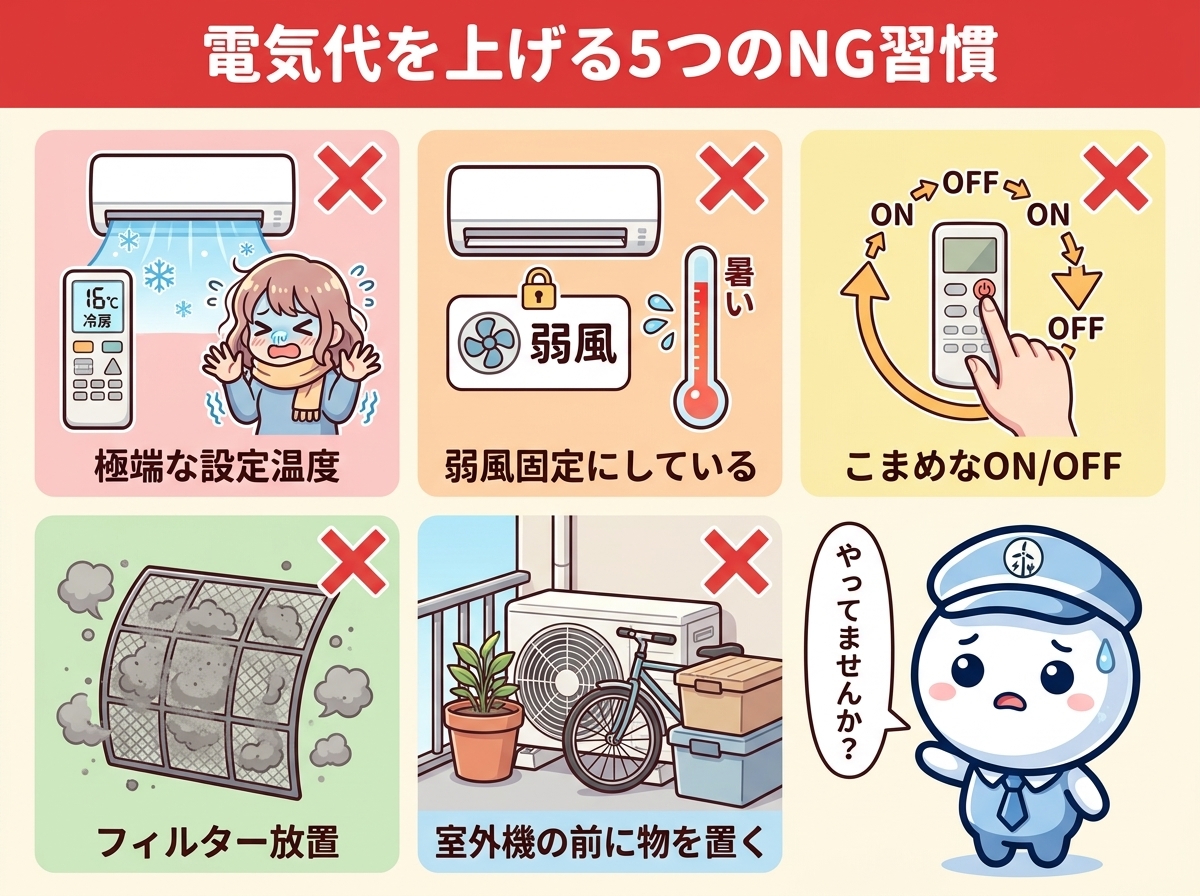 エアコンの電気代を上げてしまう5つのNG習慣を×印で並べた解説図｜極端な設定温度・弱風固定・こまめなON/OFF・フィルター放置・室外機の前に物