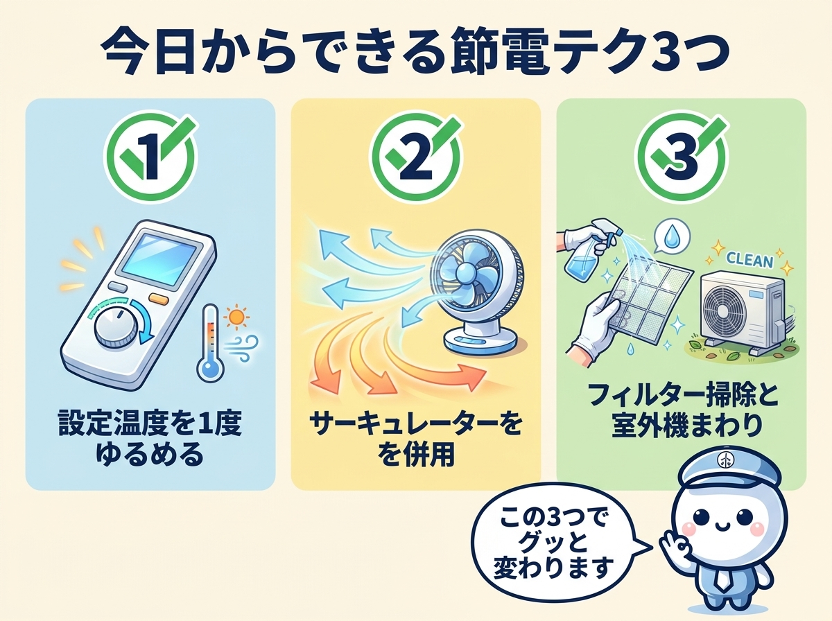 今日からできるエアコンの節電テク3つ｜設定温度1度ゆるめる・サーキュレーター併用・フィルター月1回掃除の図解