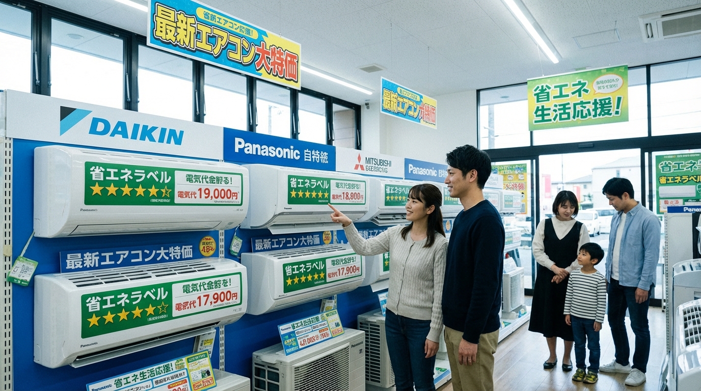 家電量販店のエアコン売り場、省エネラベルが見える最新モデル