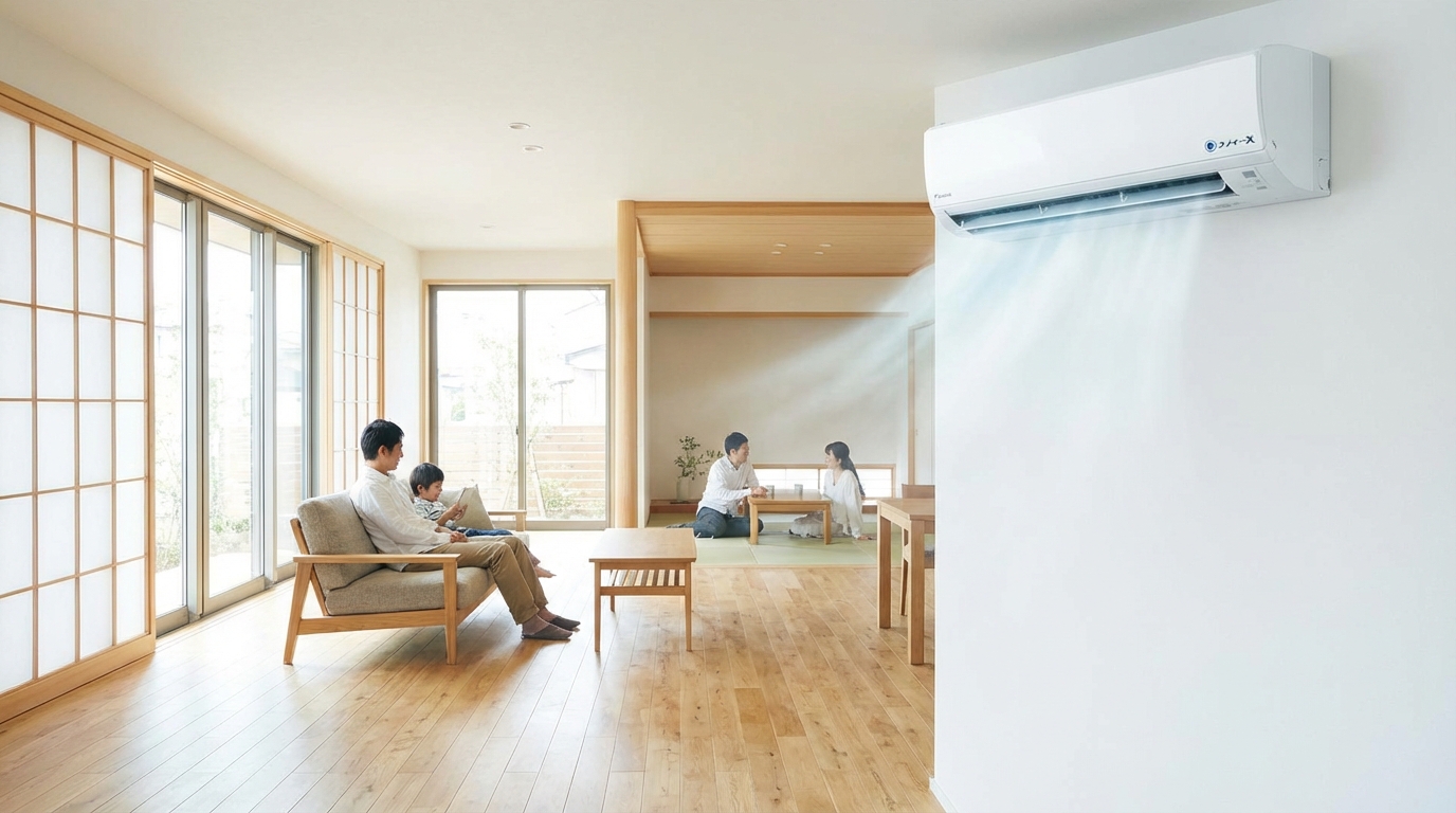 リビングに設置された最新型の省エネエアコン