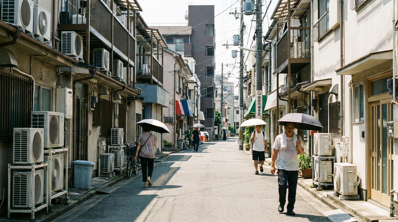 真夏の福岡の住宅街、エアコン室外機がフル稼働
