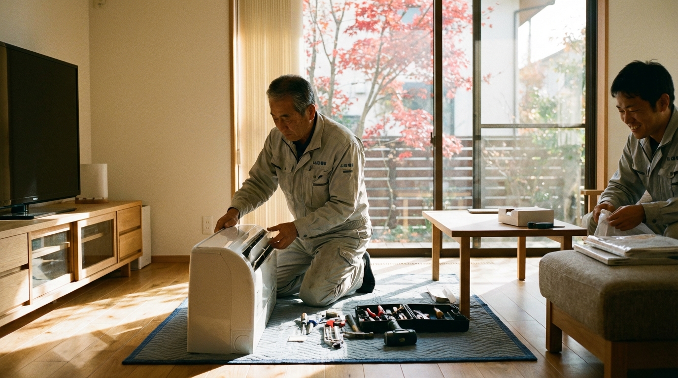 職人がエアコンを取付している様子