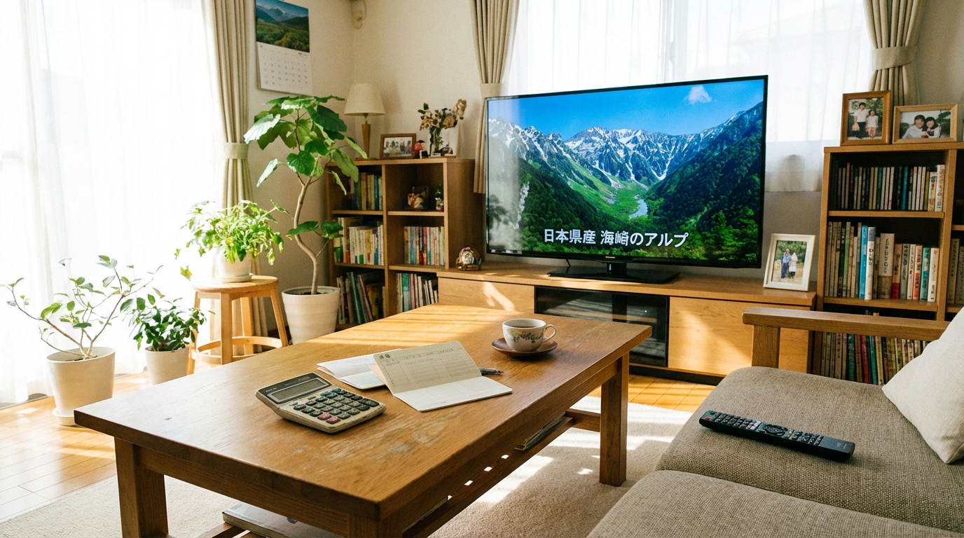 テレビとリモコンがあるリビング、節約イメージ