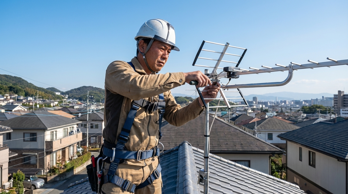 戸建て住宅の屋根でアンテナ設置作業をする職人