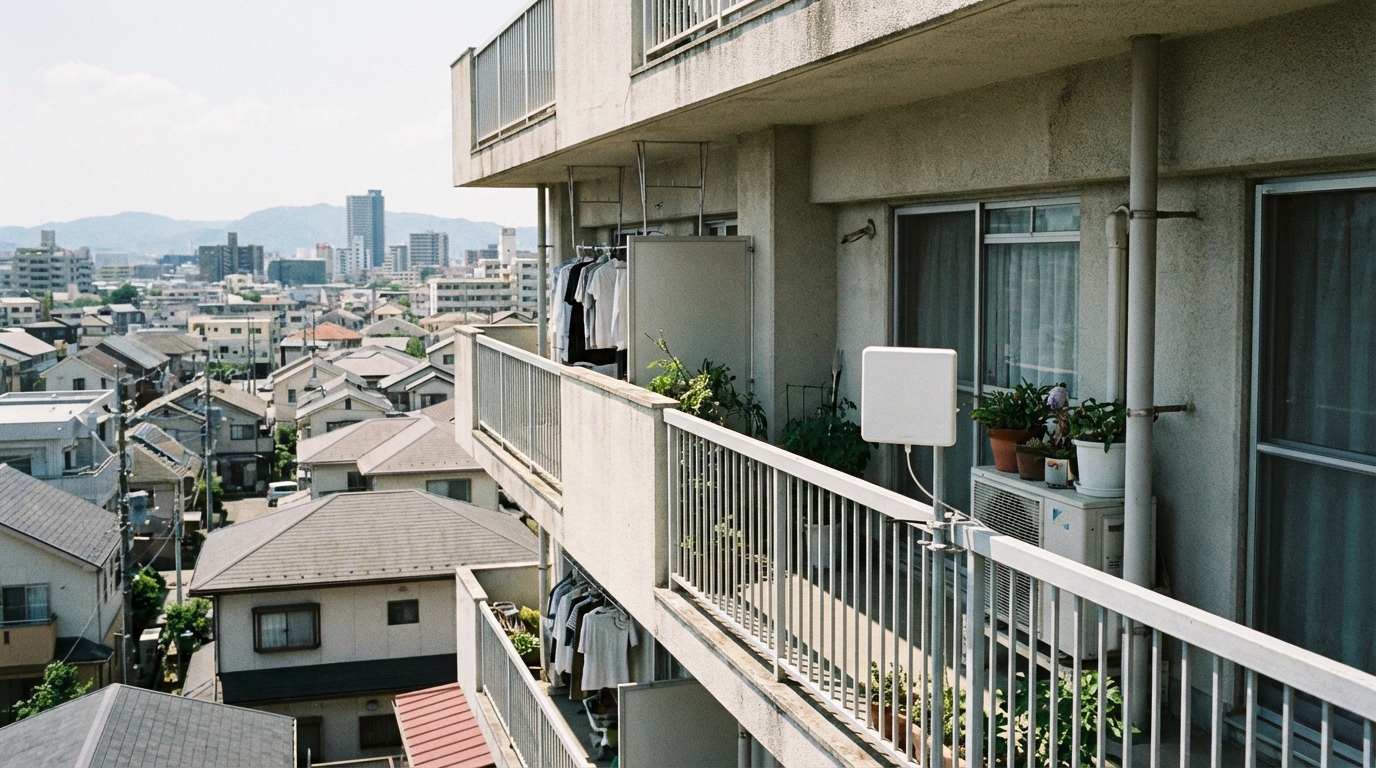 マンションのベランダに設置されたコンパクトなアンテナ