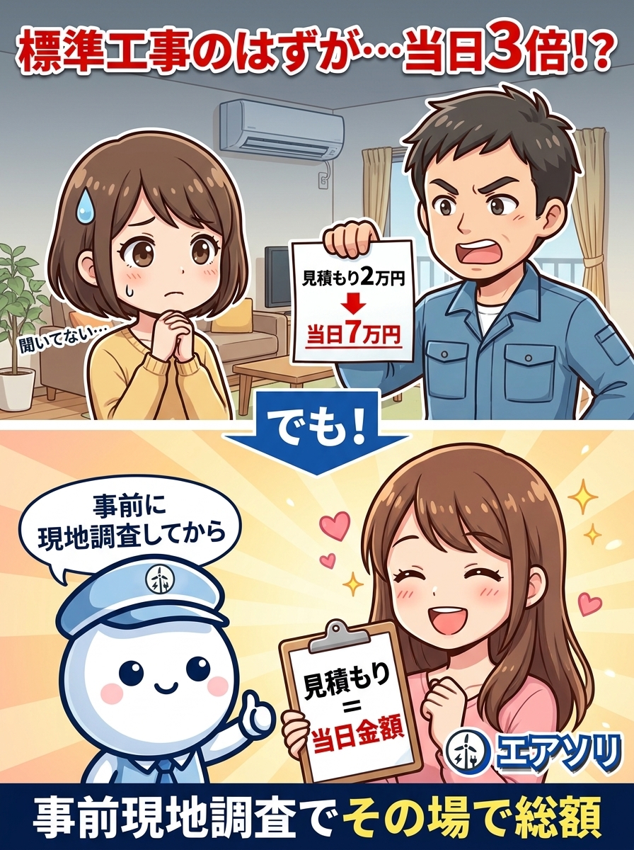 『標準工事2万円』のはずが当日7万円になった場面｜家電量販店エアコンの落とし穴と、職人直営エアソリの選び方を福岡の電気工事士が解説｜エアソリ