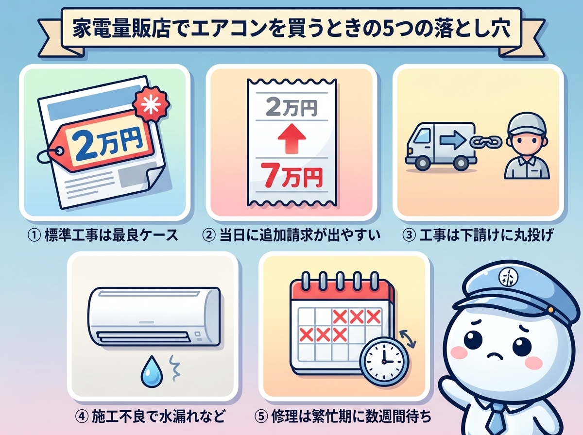 家電量販店でエアコンを買うときの5つの落とし穴｜標準工事は最良ケース・当日追加・下請け丸投げ・施工不良・修理数週間待ちを1枚にまとめた図解