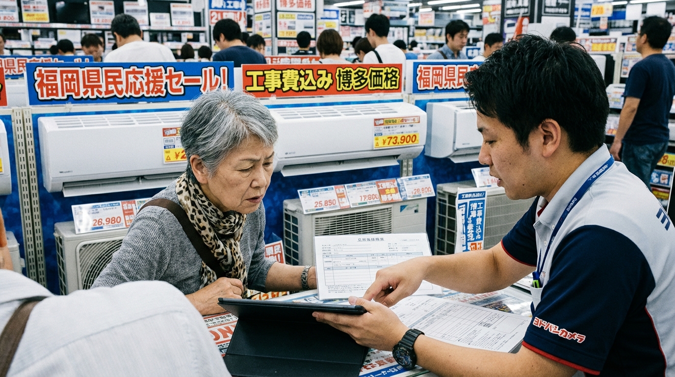 家電量販店でエアコンを購入する顧客と店員