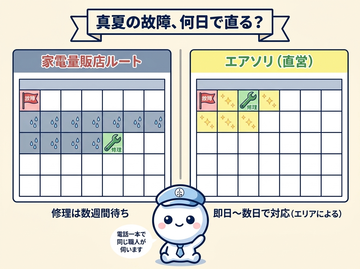 真夏のエアコン故障から修理完了までの日数比較｜家電量販店ルートは数週間待ち、職人直営エアソリは即日〜数日で対応のカレンダー対比図