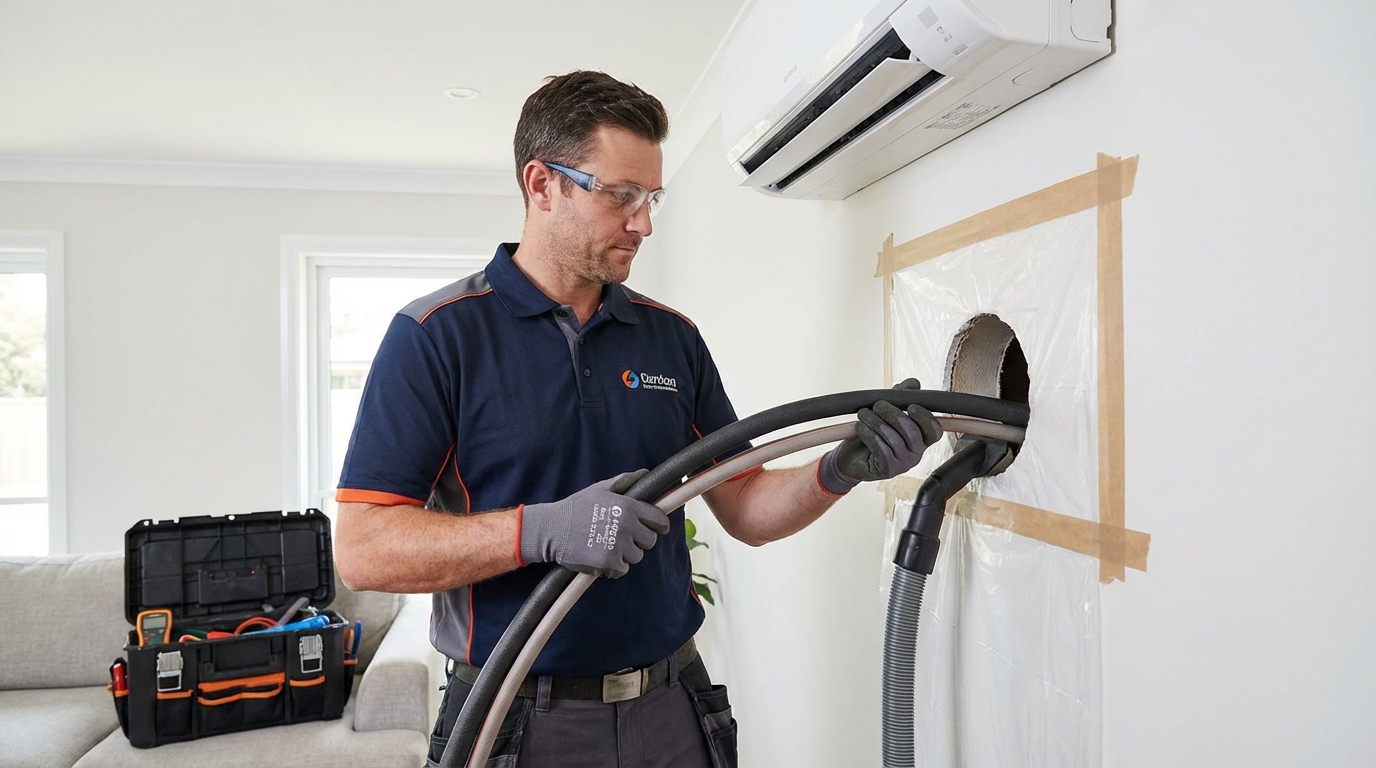 プロの技術者がエアコンを丁寧に室内に設置する様子