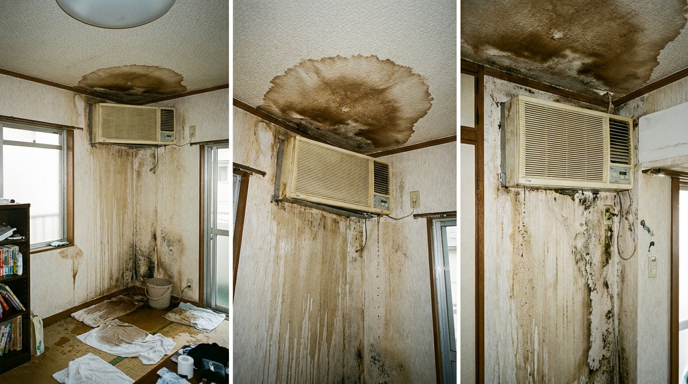 エアコンからの水漏れが天井に大きなシミを作っている