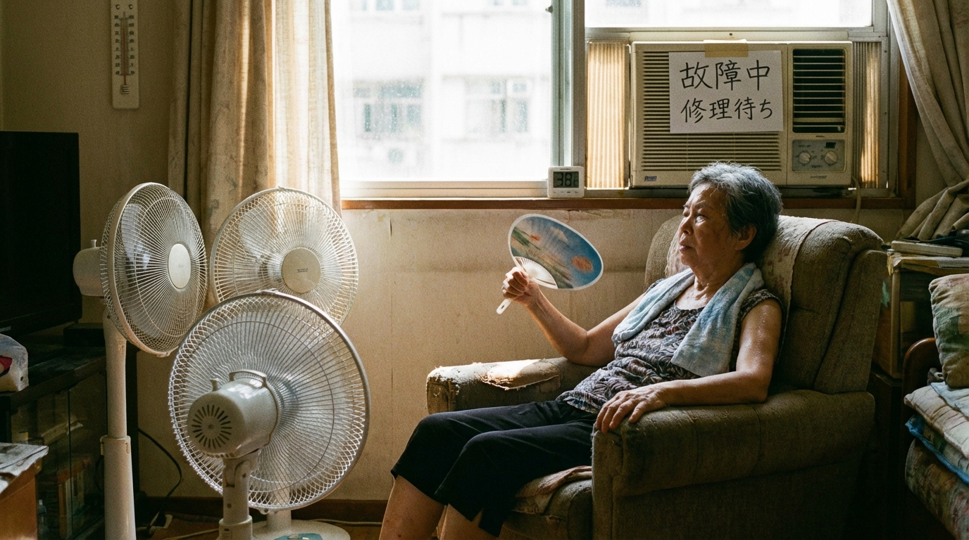 高齢の女性が扇風機を使いながら暑い夏を過ごしている