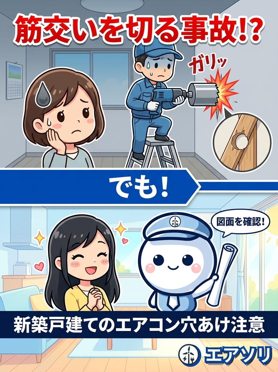 新築戸建てのエアコン穴あけで筋交いを切る事故｜福岡のエアソリ