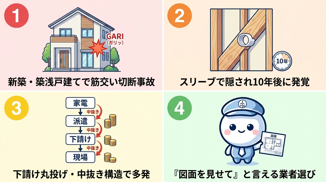 この記事の結論：① 新築・築浅戸建てで筋交い切断事故が発生 ② スリーブで隠され10年後に発覚 ③ 下請け丸投げ・中抜き構造で多発 ④ 図面を見せられる業者を選ぶ