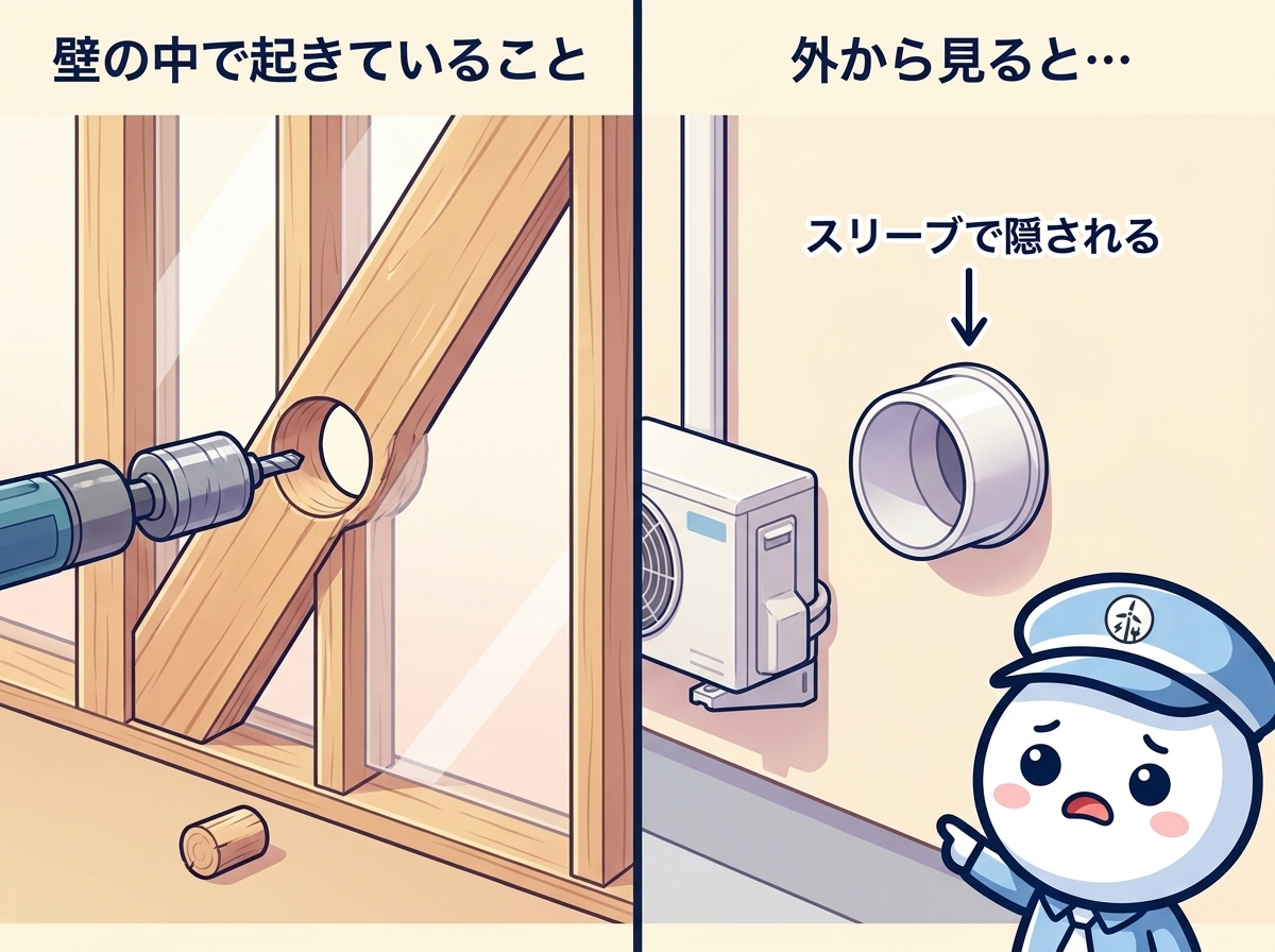 筋交いに当たってしまった穴を業者がスリーブという筒で塞ぐ手口。エアコンが付いてしまうとお客様には分からない