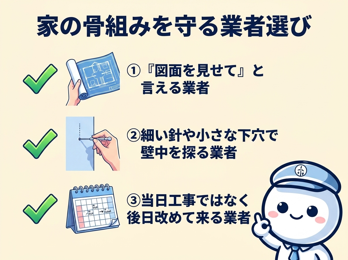 家の骨組みを守る業者選びのチェックポイント：図面を見せられる、壁の中を確認する手間をかける、後日改めて取り付けに来る