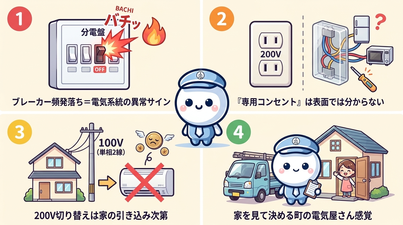 この記事の結論：① ブレーカーが頻発で落ちるのは電気系統の異常サイン ② 「専用コンセント」は表面では分からない ③ 200V切り替えは家の引き込み次第 ④ 家を見て決める町の電気屋さん感覚が安心