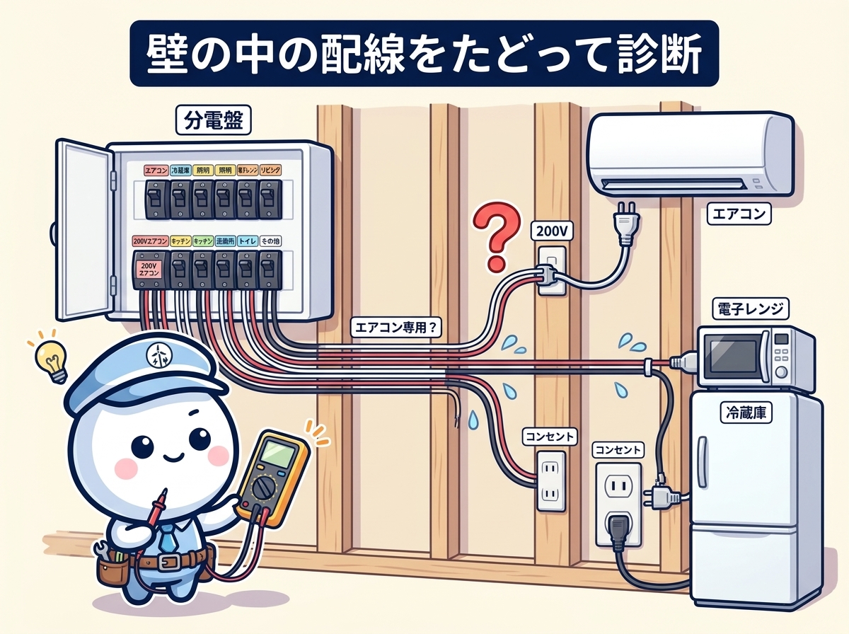 電気工事士が分電盤と既存コンセントの配線を専用テスターでたどって診断する様子