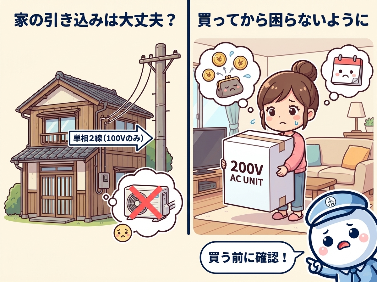 100Vから200Vへの切り替え工事で、家の引き込み自体が対応していないケースを電気工事士が確認する様子