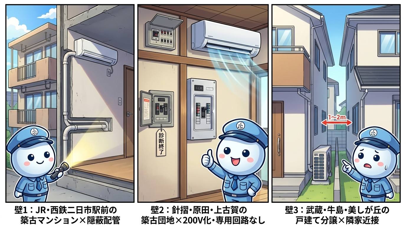 筑紫野市エアコン工事の3つの壁を表したイラスト