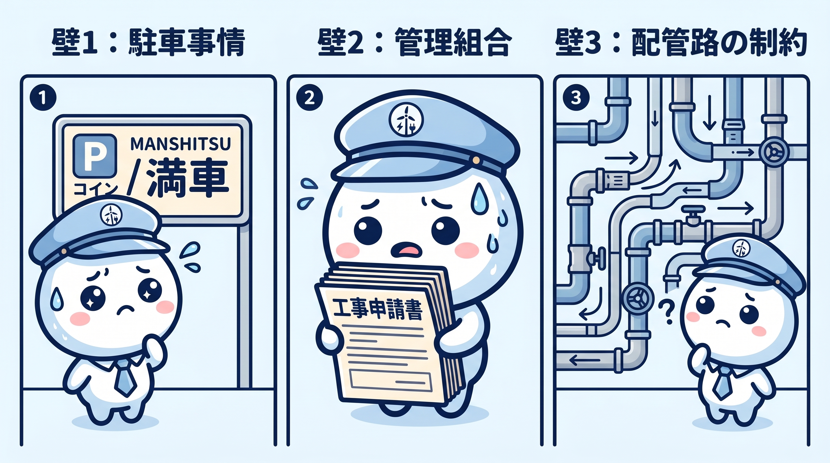 中央区マンション工事の3つの壁を表したイラスト