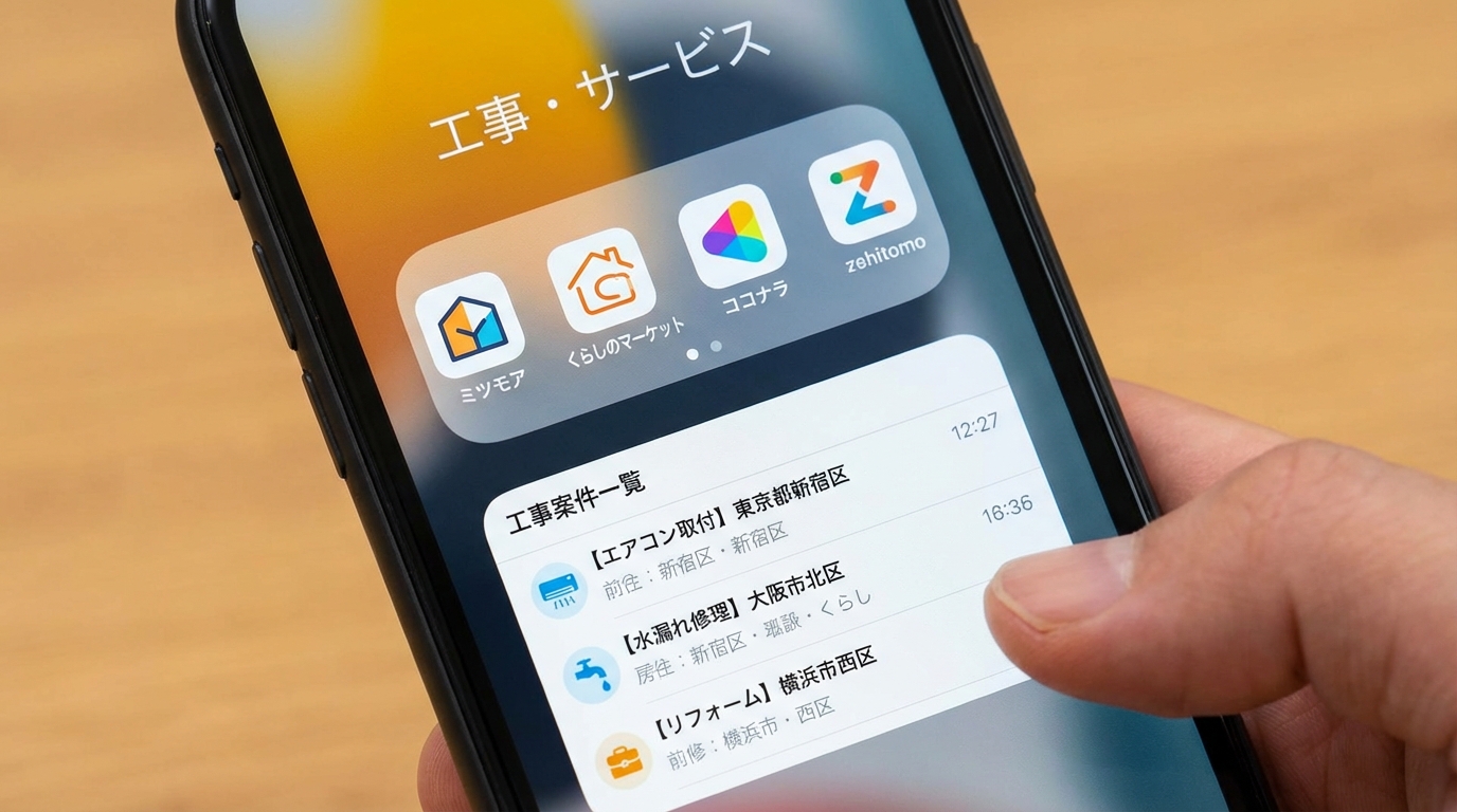 スマートフォンにミツモアやくらしのマーケットなどのプラットフォームアプリが表示されている