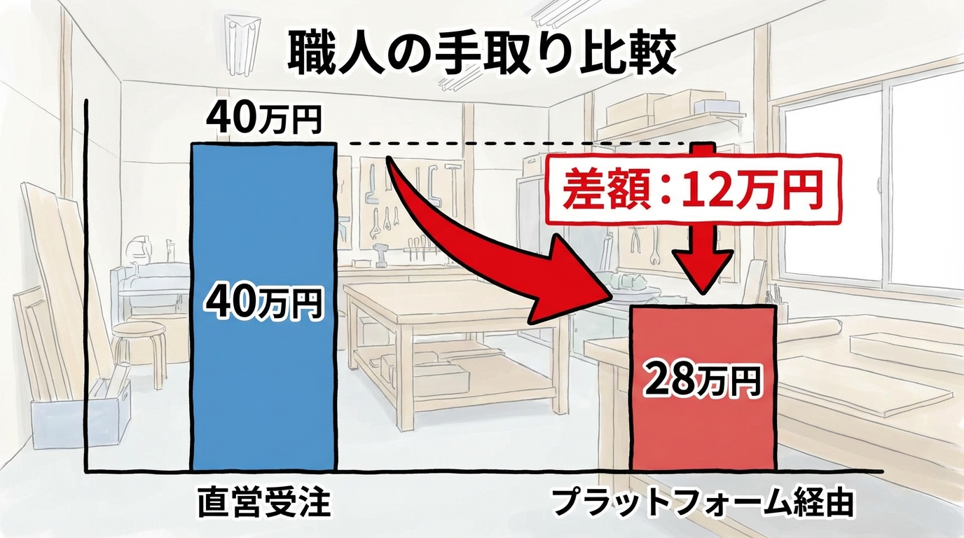 直営受注と比較してプラットフォーム経由での手取りが30万円低下する比較グラフ