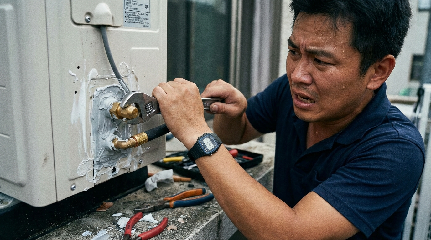 時間に追われている職人が急いでエアコン工事を施工している様子