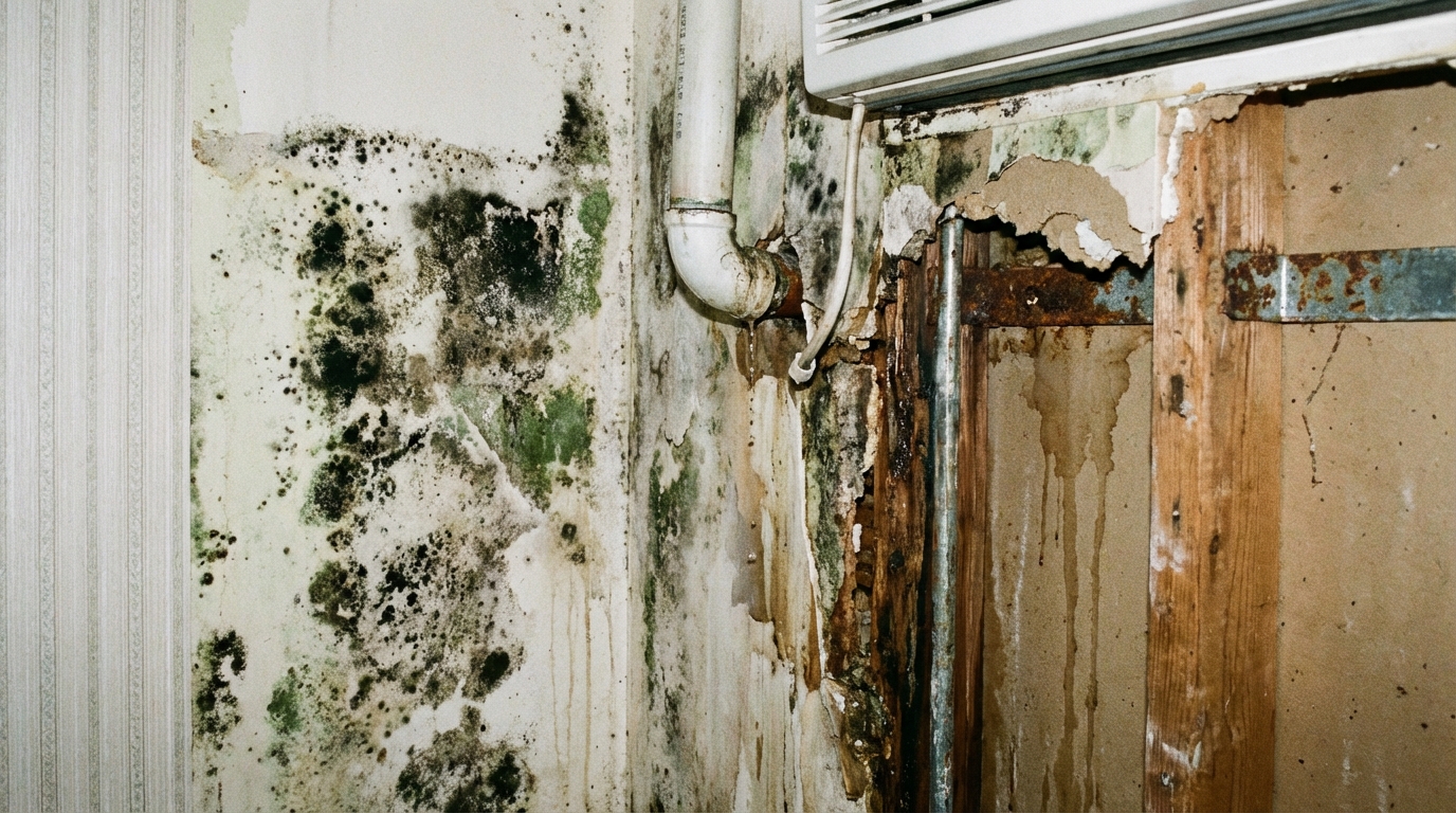 3年後にエアコン配管からの漏水や防水不良による壁の腐食が現れている