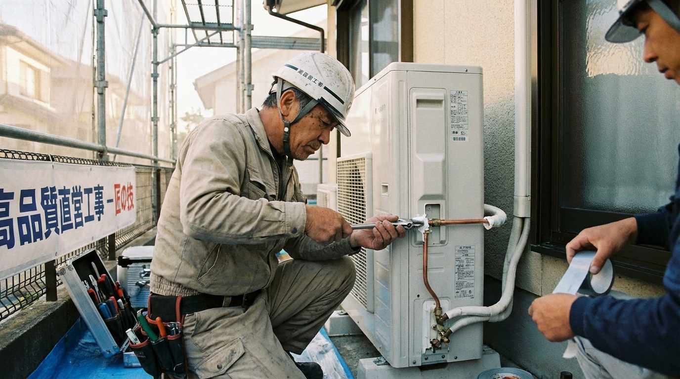 エアソリの職人が丁寧に時間をかけて高品質なエアコン工事を施工している