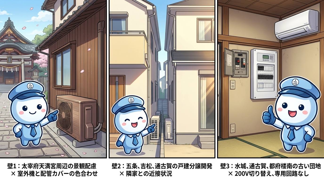 太宰府市エアコン工事の3つの壁を表したイラスト