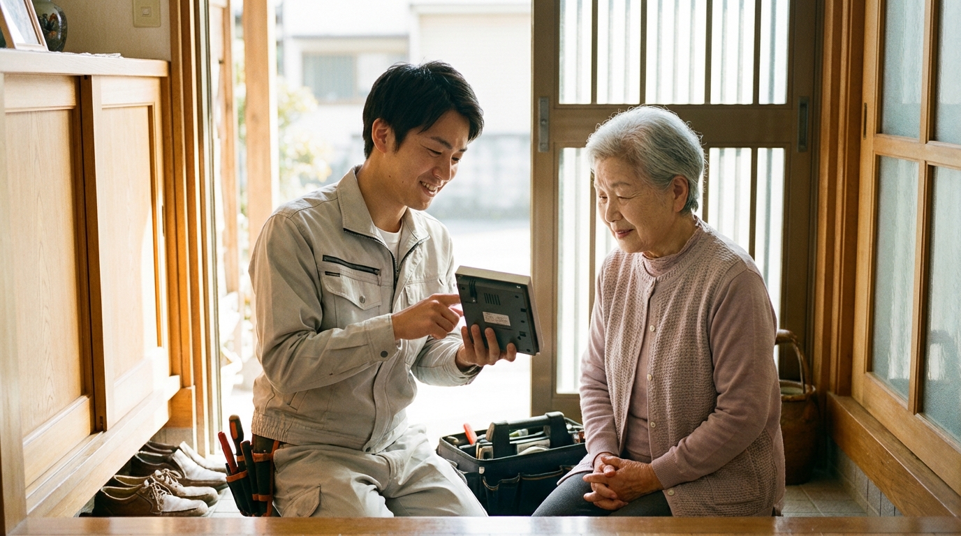 エアソリの職人がシニア世帯で設備工事をしているイメージ