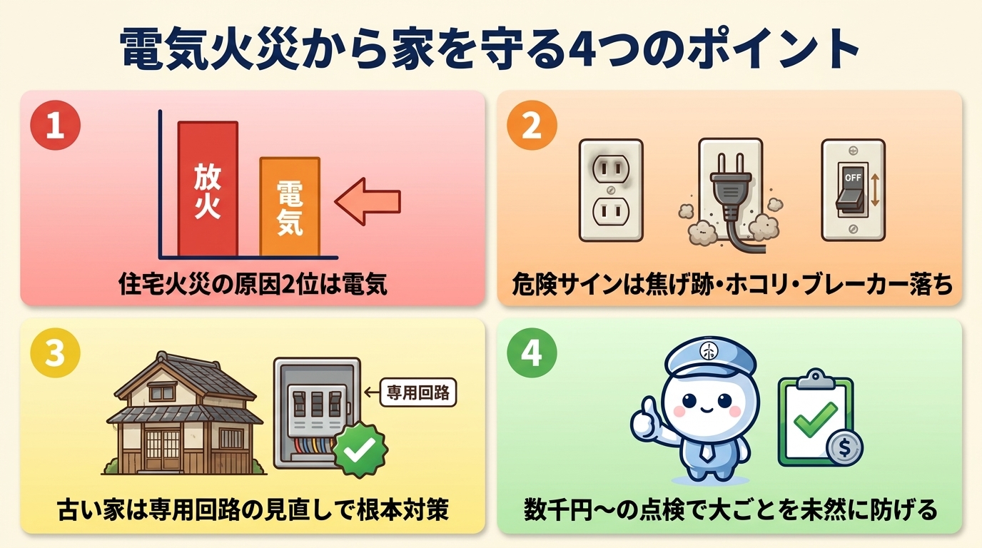 この記事の結論：① 住宅火災の原因2位は電気（消防庁、全出火の約12%） ② 危険サインは「コンセントの焦げ跡」「差しっぱなしのプラグ」「夏のブレーカー落ち」 ③ 古い家・延長コード多用の家庭は専用回路の見直しで根本対策 ④ 数千円〜の点検で大ごとを未然に防げる