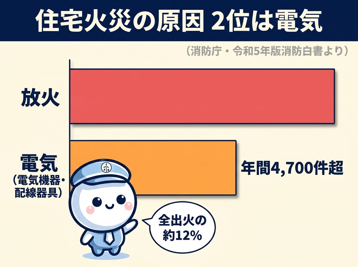 住宅火災の原因の約12%が電気に起因｜放火に次いで2位という消防庁データを示した解説図｜エアソリ