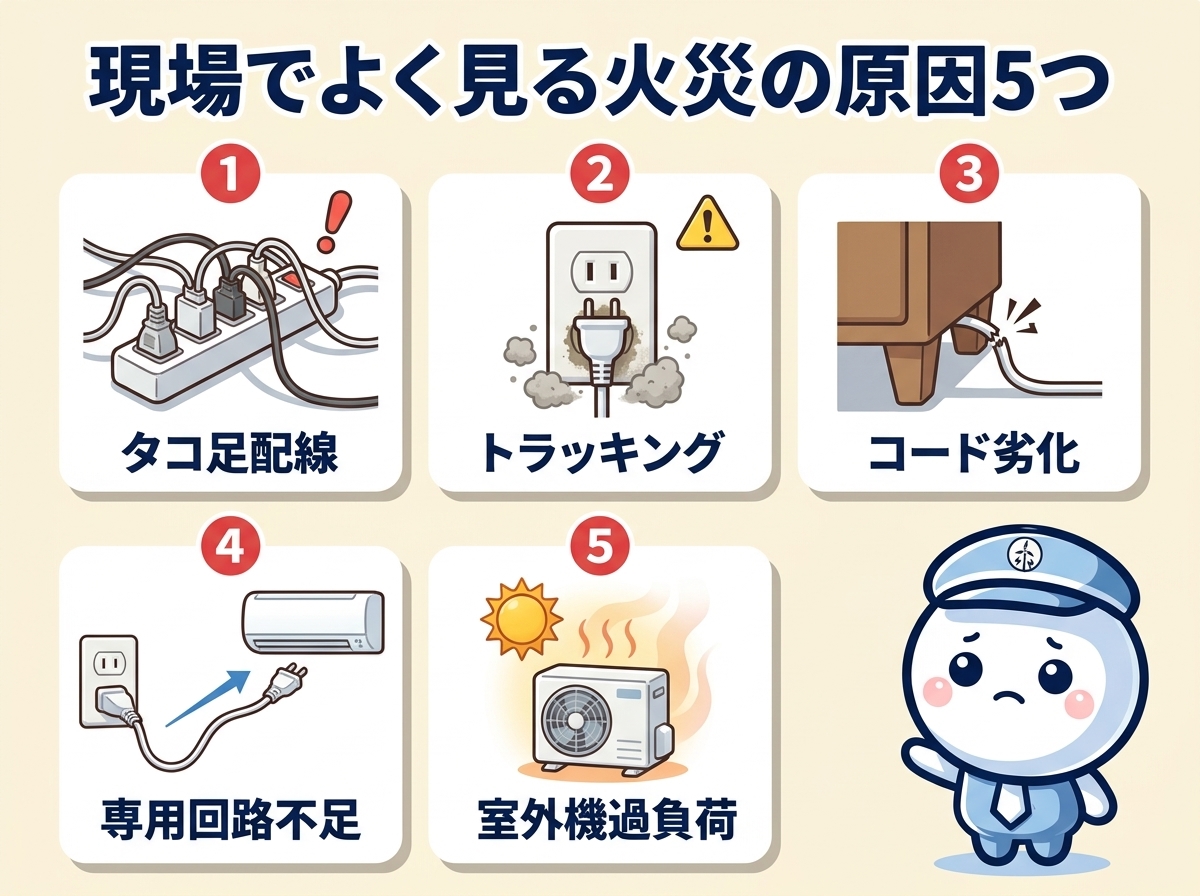 電気火災の原因5つ｜タコ足配線・トラッキング現象・コード劣化・専用回路不足・室外機過負荷をアイコンで比較した解説図｜エアソリ