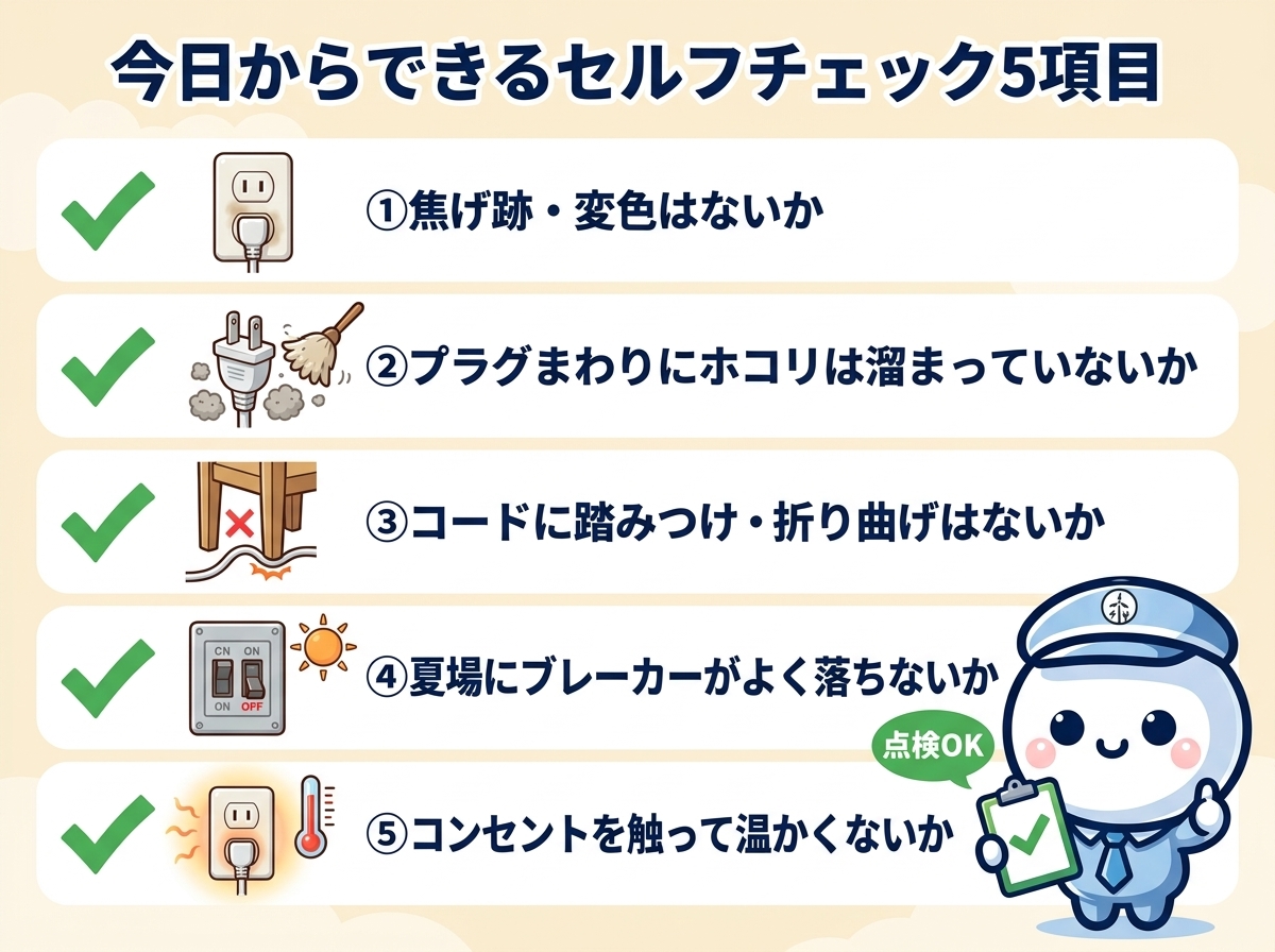 電気火災のセルフチェック5項目｜マスコットがチェックリストを持ってお家の点検OKを伝えるイラスト｜エアソリ