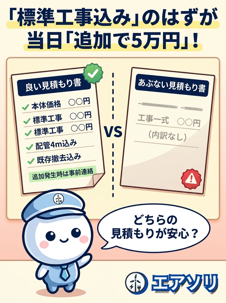 『標準工事込み』のはずが当日『追加で5万円』？良い見積もり書とあぶない見積もり書を見比べるエアソリくん｜福岡の電気工事士が解説｜エアソリ