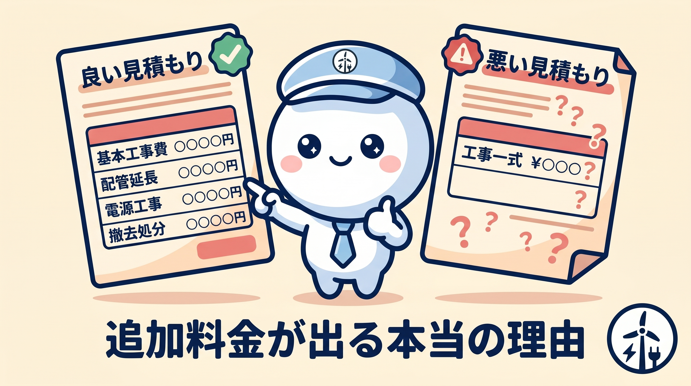 2枚の見積書を見比べるエアソリくん。良い見積もりと項目が分からない見積もりの違い