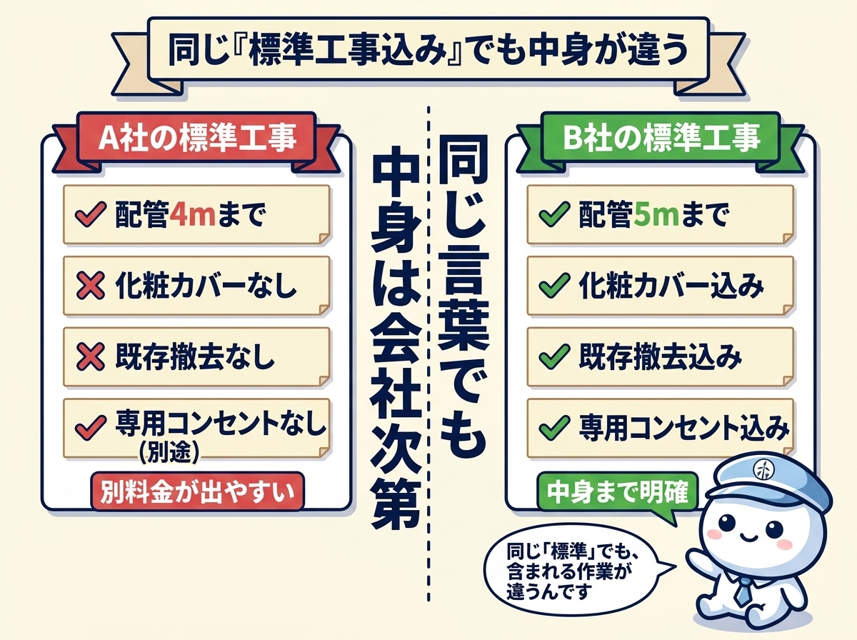 A社の標準工事（配管4m・化粧カバーなし・既存撤去なし・別料金多い）とB社の標準工事（配管5m・化粧カバー込み・既存撤去込み・専用コンセント込み）の中身比較