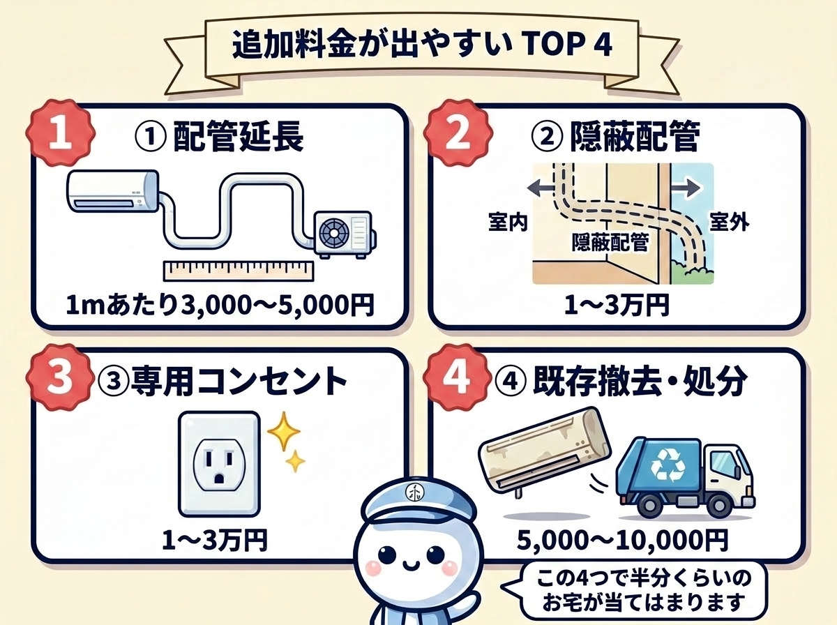 エアコン工事の追加料金TOP4の図解（①配管延長1mあたり3,000〜5,000円 ②隠蔽配管1〜3万円 ③専用コンセント1〜3万円 ④既存撤去5,000〜10,000円）