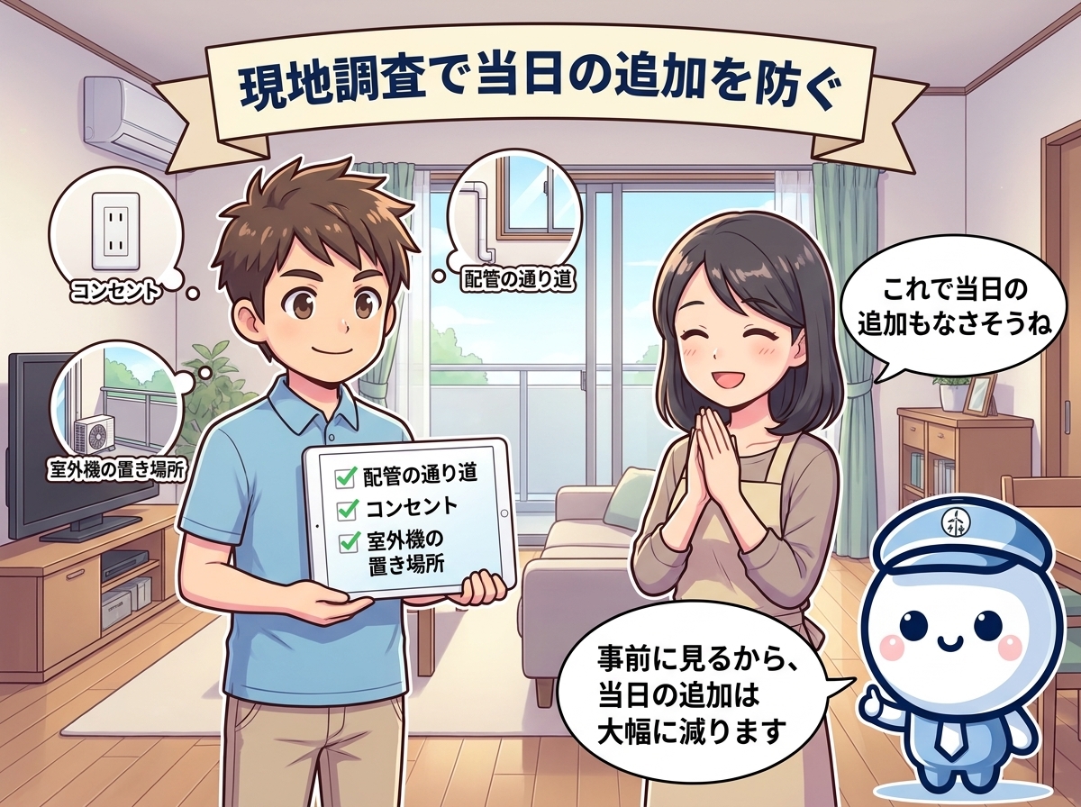 現地調査でタブレットを持って配管の通り道・コンセント・室外機の置き場所をチェックするエアソリスタッフ｜事前確認で当日の追加を大幅に減らす