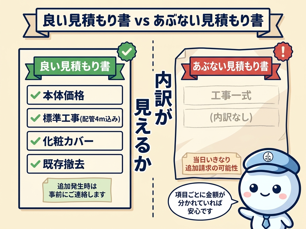 良い見積もり書（本体価格・標準工事・化粧カバー・既存撤去の4項目内訳と事前連絡条項）とあぶない見積もり書（工事一式のみで内訳なし）の比較図解