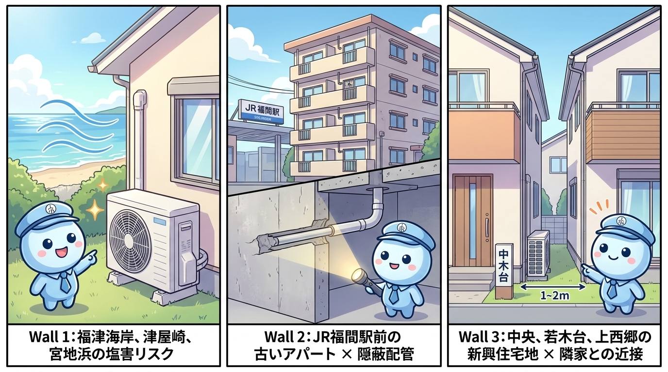 福津市エアコン工事の3つの壁を表したイラスト