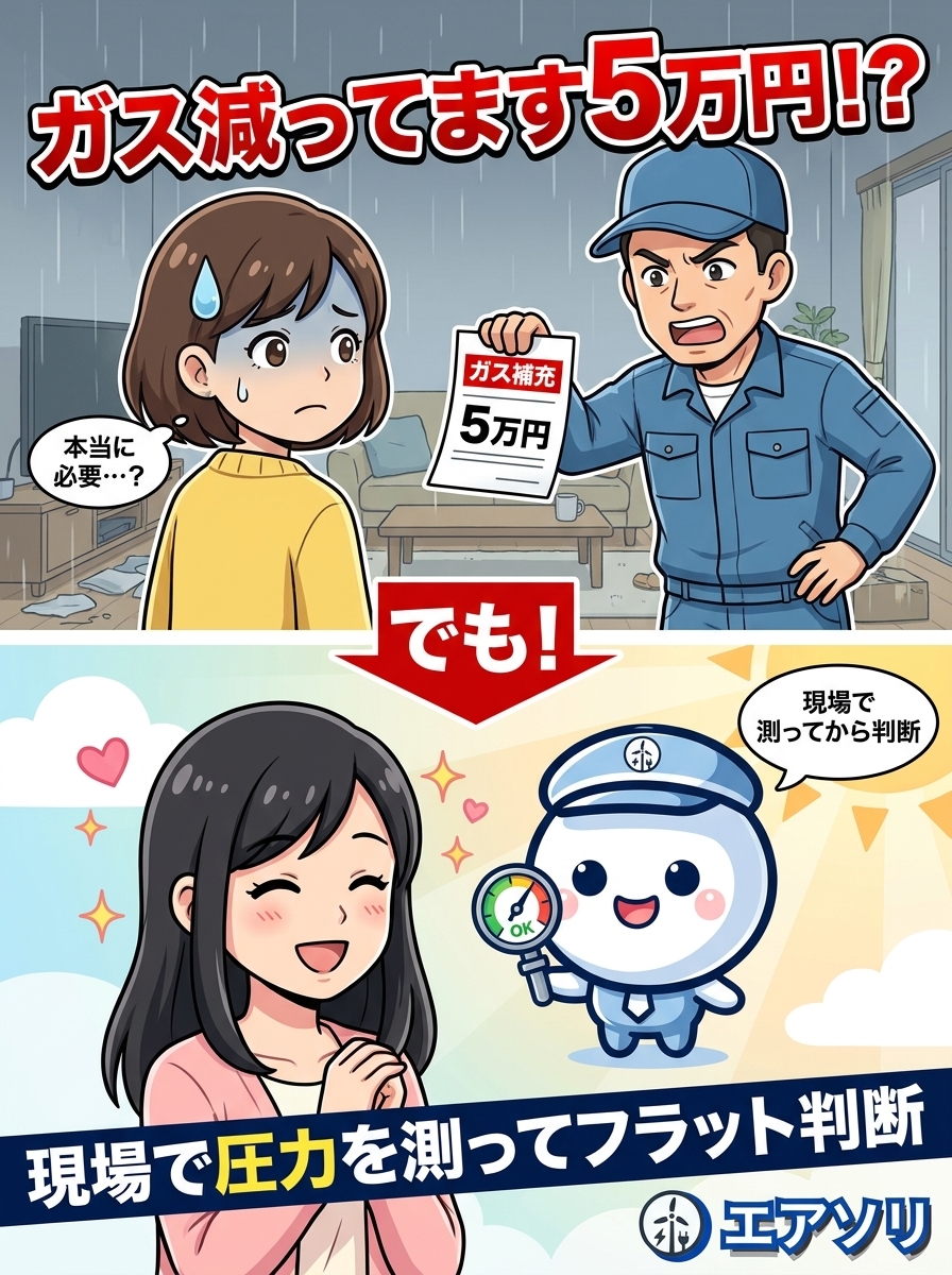 『エアコンのガス、減ってますね』と言われて困っている場面｜補充の費用と修理 vs 買い替えの判断軸を福岡の電気工事士が解説｜エアソリ