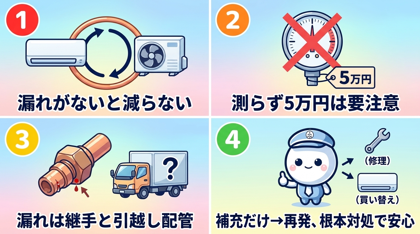この記事の結論：① エアコンのガスは漏れがないと減らない ② 圧力計やガス検知器で測らず『減ってますね』と言う業者は要注意 ③ 漏れの多くは配管のフレア継手や曲げ加工の劣化 ④ 補充だけだと再発するので、漏れ修理か買い替えで根本対処